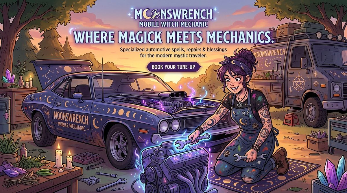 Moonswrench mobile witch mechanic at sunset, working on a moon-painted muscle car beside her service van