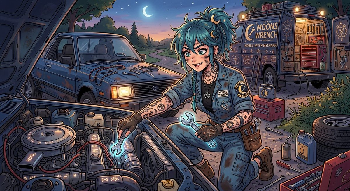 Moonswrench performing roadside service at night by van